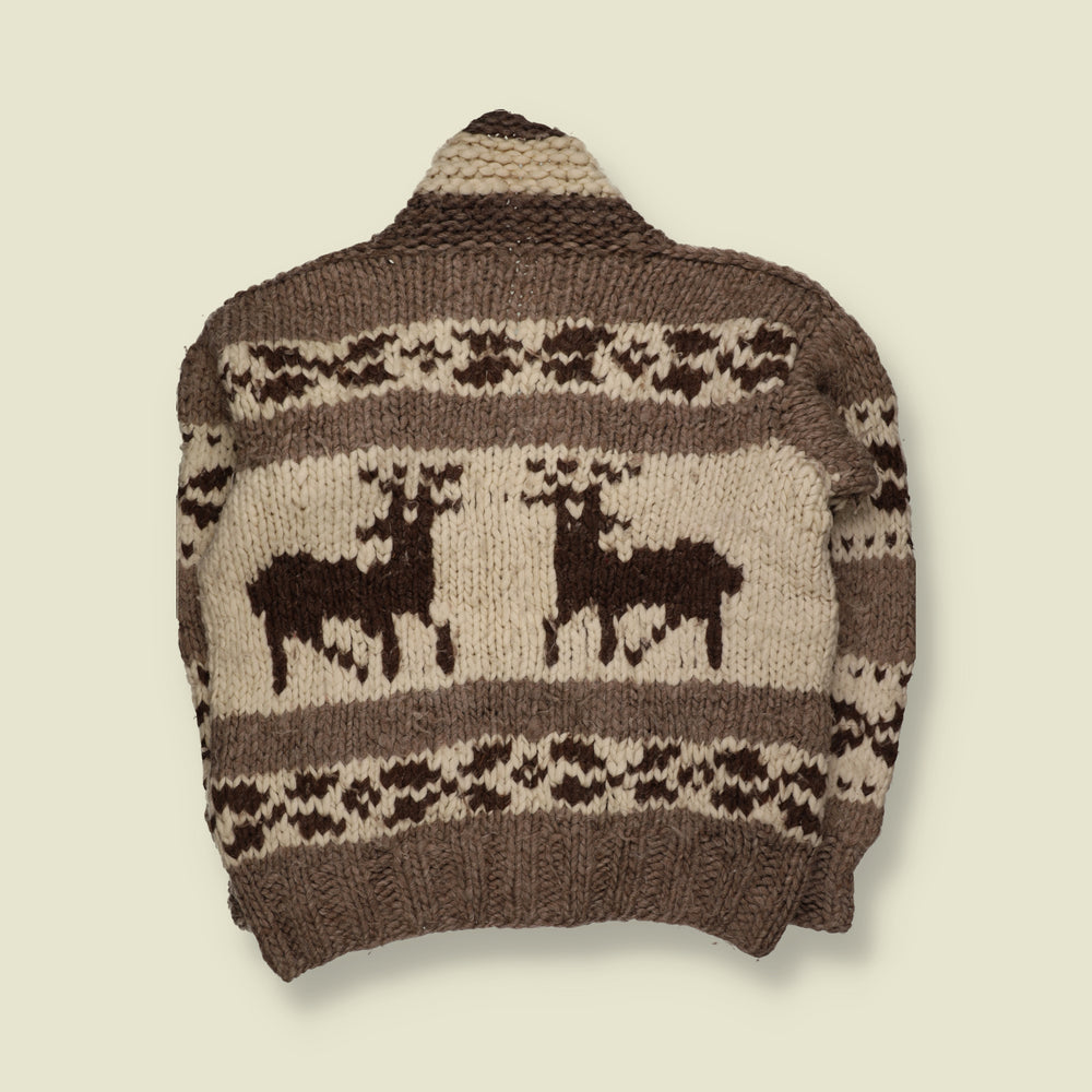 1970s | Cowichan Wool Deer Pattern Zip Cardigan | Brown & Cream - XXL