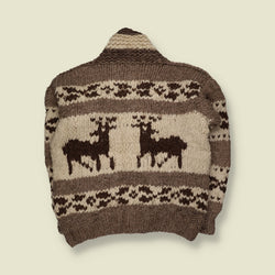 1970s | Cowichan Wool Deer Pattern Zip Cardigan | Brown & Cream - XXL