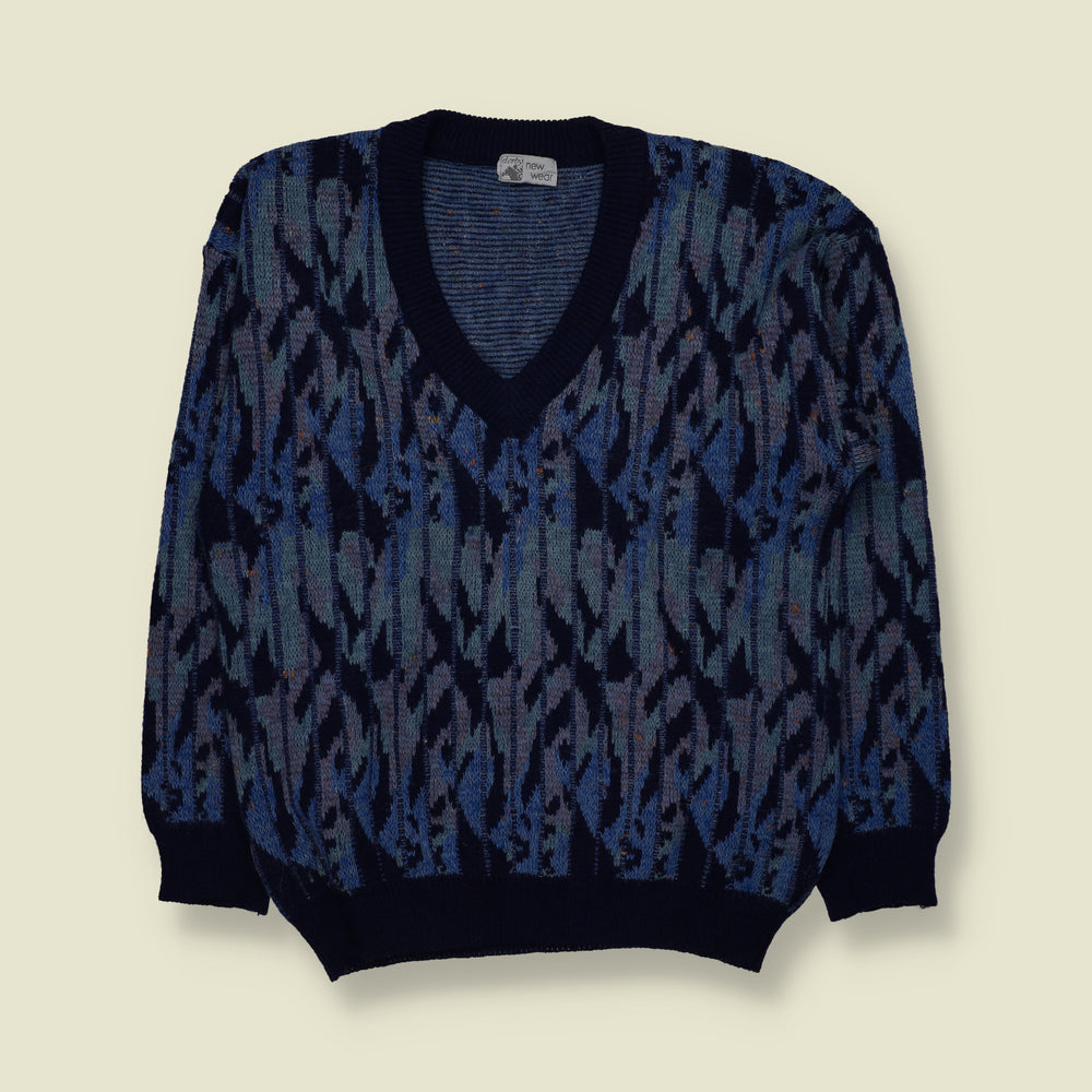 1980s | Derby New Wear | Abstract Pattern V-Neck Wool Blend Jumper | Blue & Navy - M