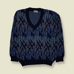 1980s | Derby New Wear | Abstract Pattern V-Neck Wool Blend Jumper | Blue & Navy - M