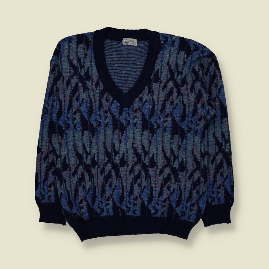 1980s | Derby New Wear | Abstract Pattern V-Neck Wool Blend Jumper | Blue & Navy - M