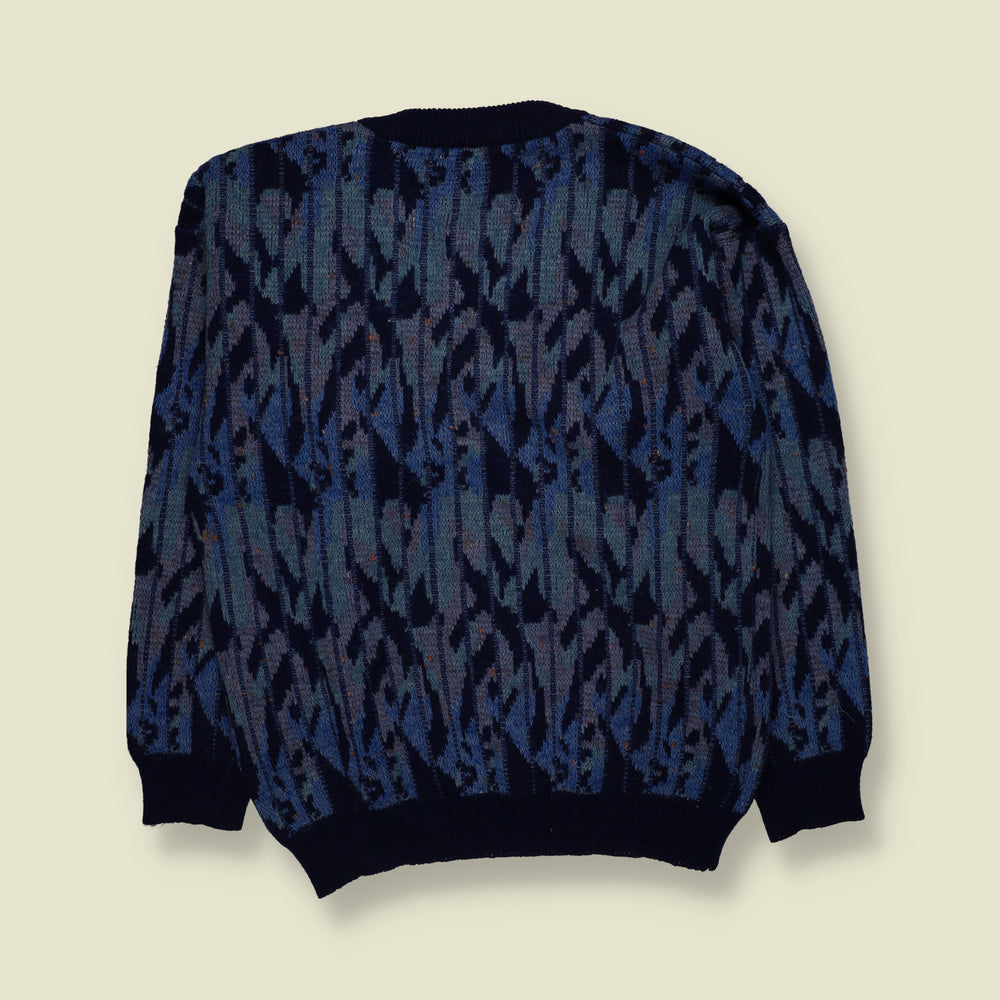 1980s | Derby New Wear | Abstract Pattern V-Neck Wool Blend Jumper | Blue & Navy - M