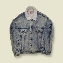 1980s | Levi’s | Made in USA Acid Wash Sherpa Lined Denim Jacket | Blue - XXL