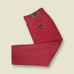 1990s | Iceberg Mickey Mouse Embroidered Denim Jeans | Red - W38