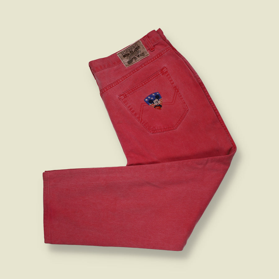 1990s | Iceberg Mickey Mouse Embroidered Denim Jeans | Red - W38
