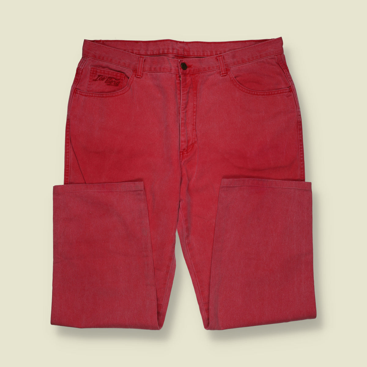 1990s | Iceberg Mickey Mouse Embroidered Denim Jeans | Red - W38