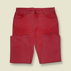 1990s | Iceberg Mickey Mouse Embroidered Denim Jeans | Red - W38