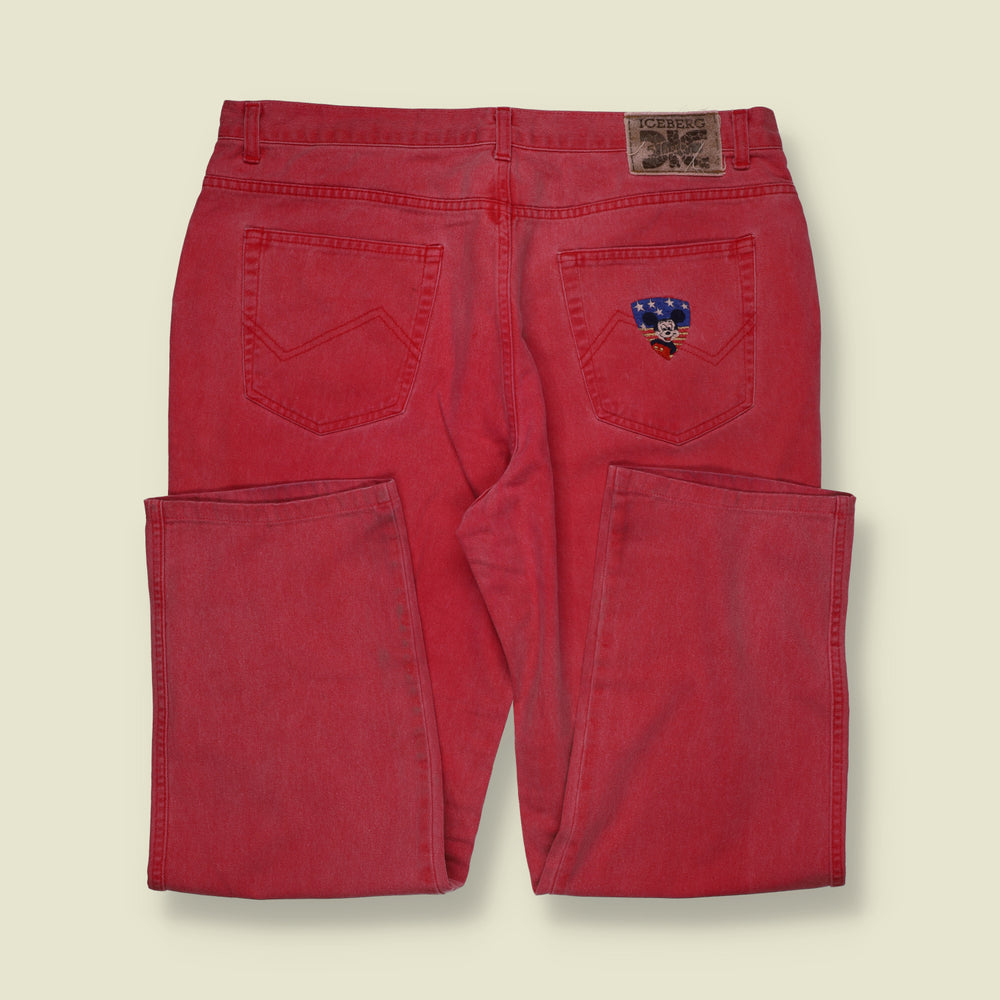 1990s | Iceberg Mickey Mouse Embroidered Denim Jeans | Red - W38