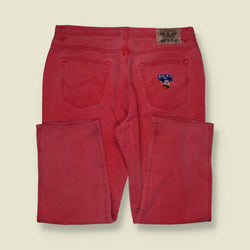 1990s | Iceberg Mickey Mouse Embroidered Denim Jeans | Red - W38