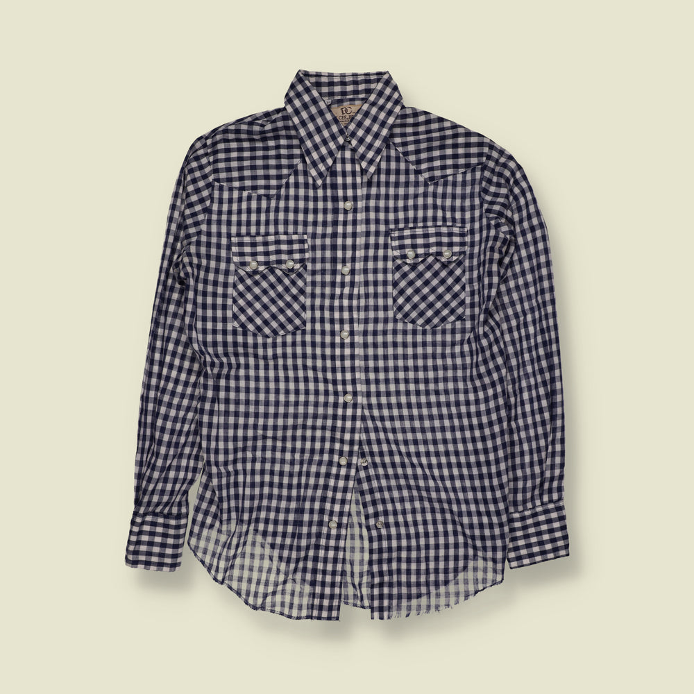 1970s | Dee Cee Gingham Check Western Shirt | Navy & White - XXS