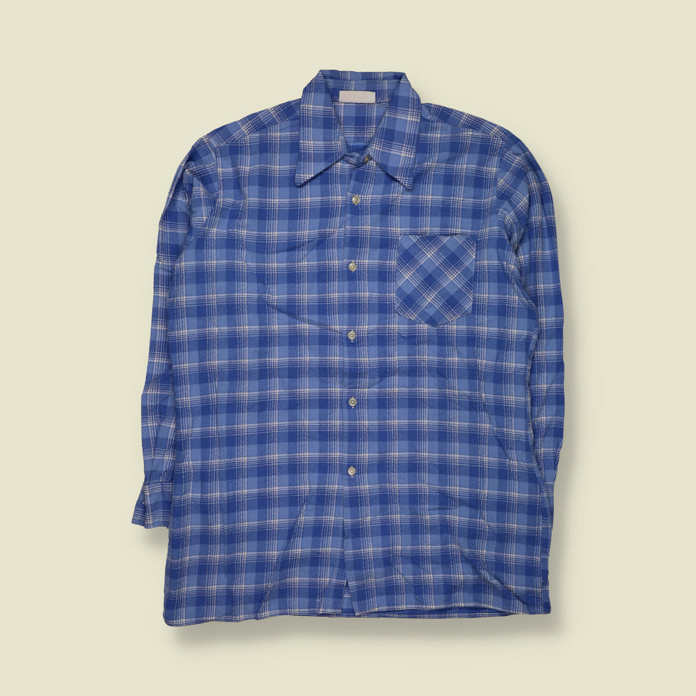 1970s | Cotton Blend Check Shirt | Blue & White - L