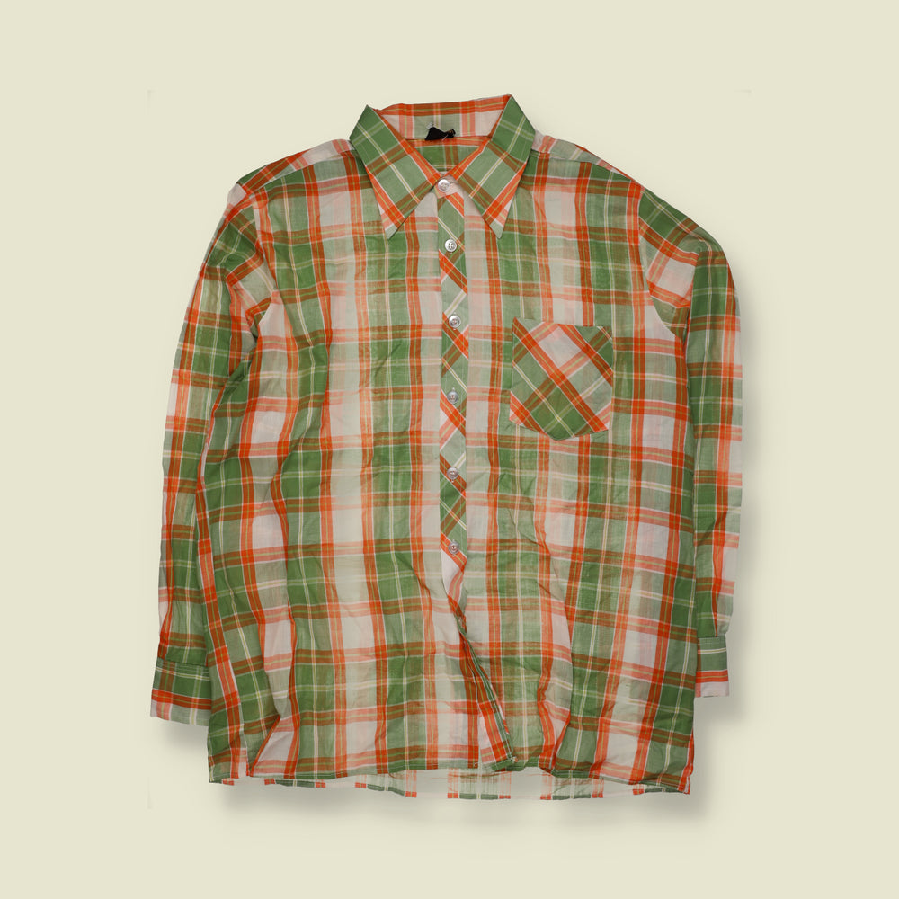 1970s | Plaid Check Long Sleeve Shirt | Green, Orange & White - XXL