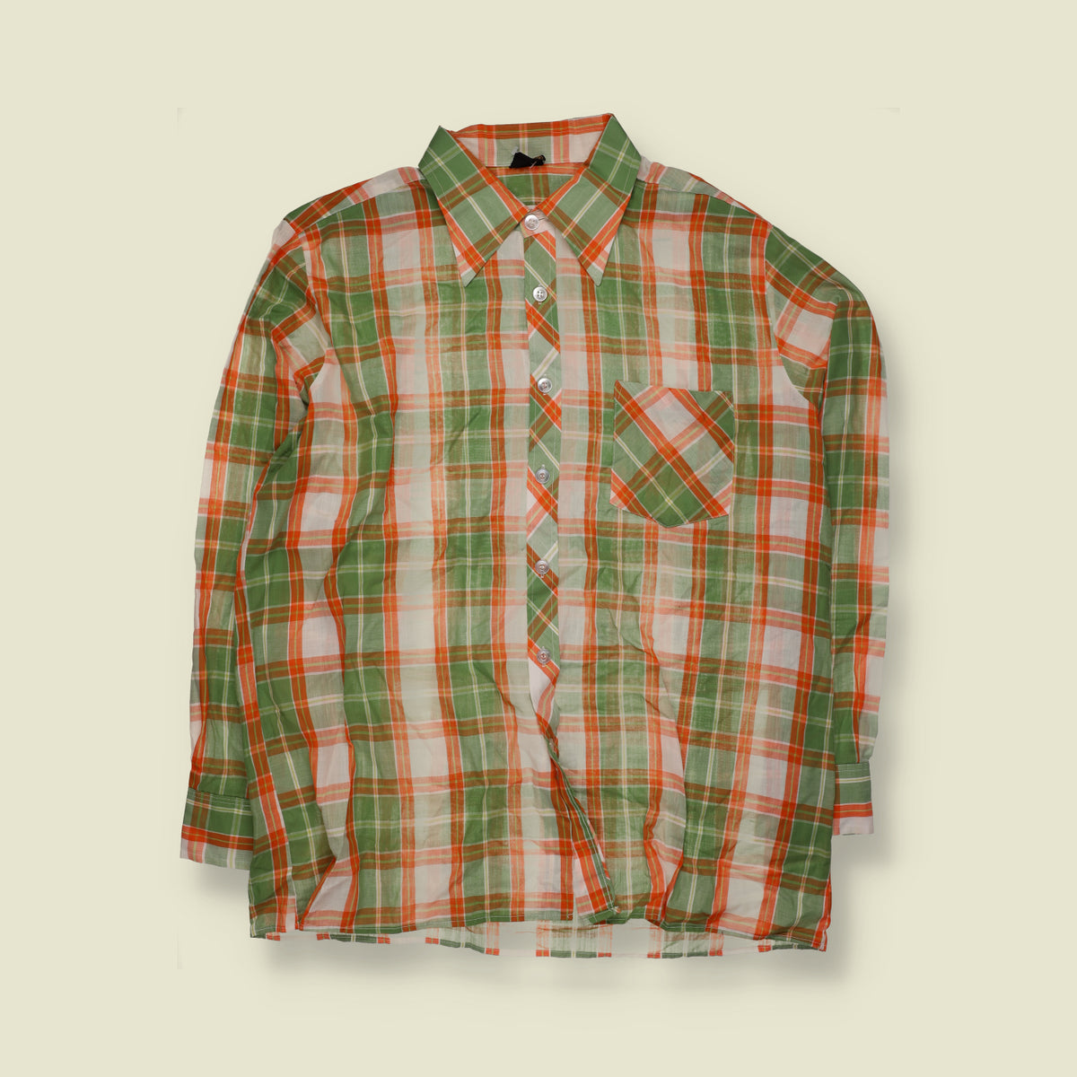 1970s | Plaid Check Long Sleeve Shirt | Green, Orange & White - XXL