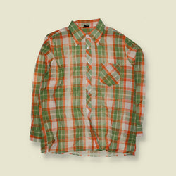 1970s | Plaid Check Long Sleeve Shirt | Green, Orange & White - XXL