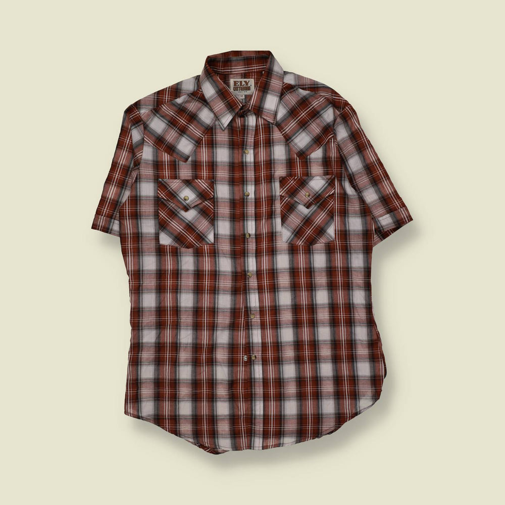 1980s | Ely Cattleman | Red Plaid Short-Sleeve Western Shirt - XL