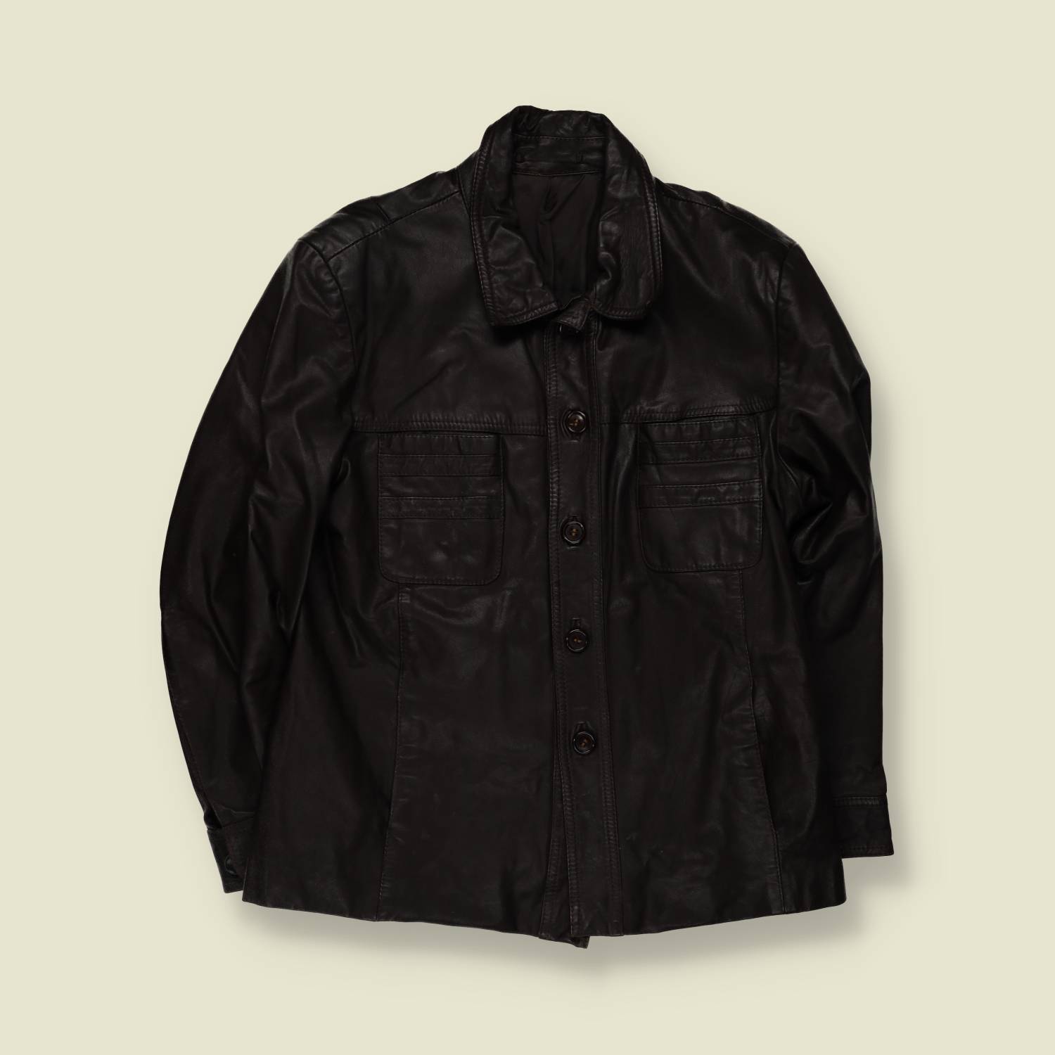 1970s | Black Leather Button Front Shirt Jacket - M