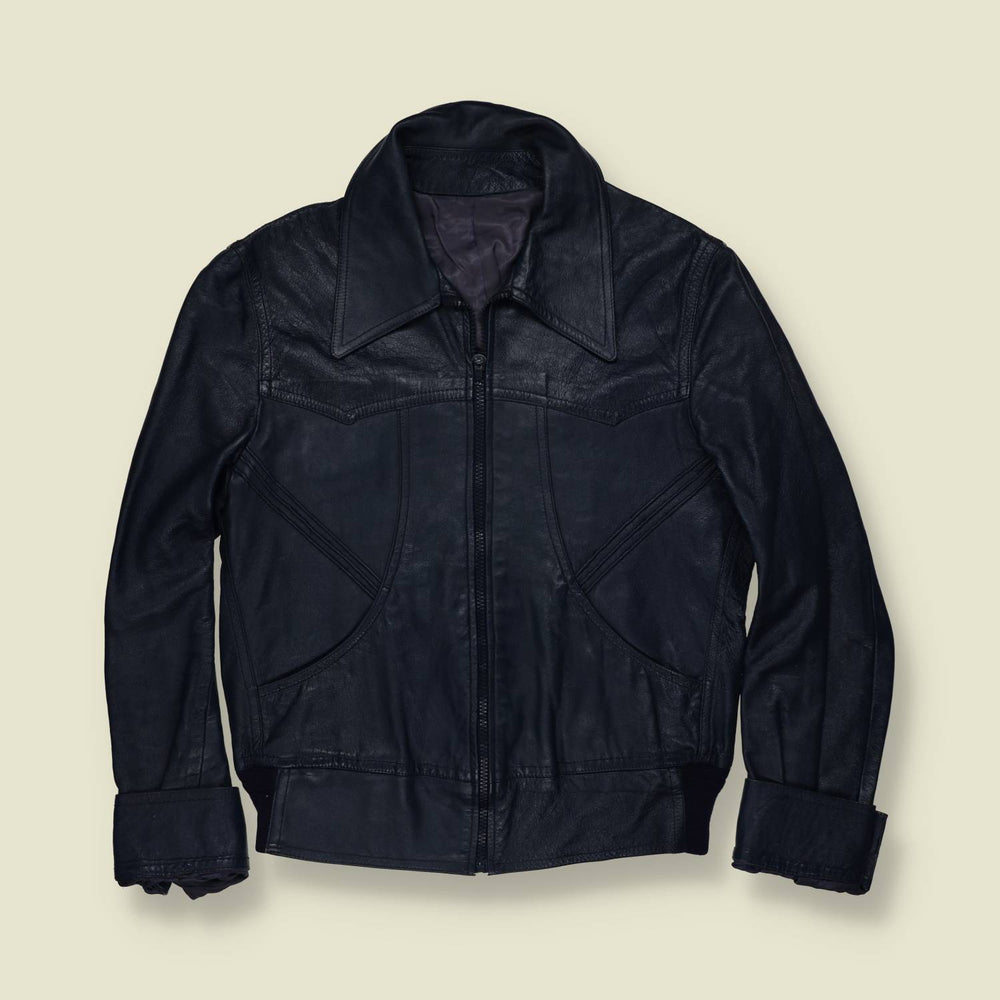 1970s | Navy Blue Leather Zip Front Jacket - XXS