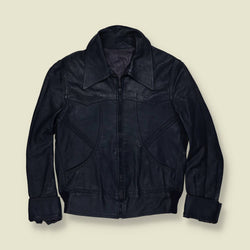 1970s | Navy Blue Leather Zip Front Jacket - XXS