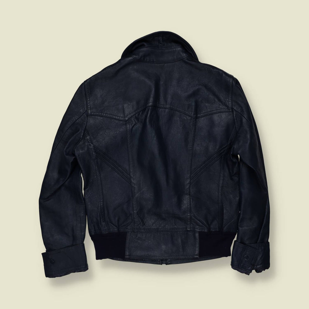 1970s | Navy Blue Leather Zip Front Jacket - XXS