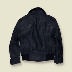 1970s | Navy Blue Leather Zip Front Jacket - XXS