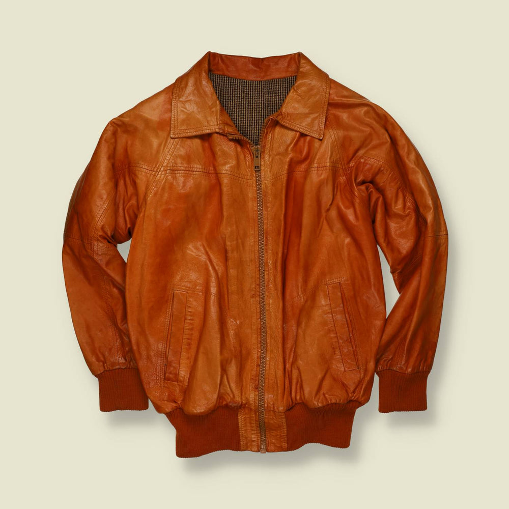 1970s | Tan Leather Zip Front Bomber Jacket - XS