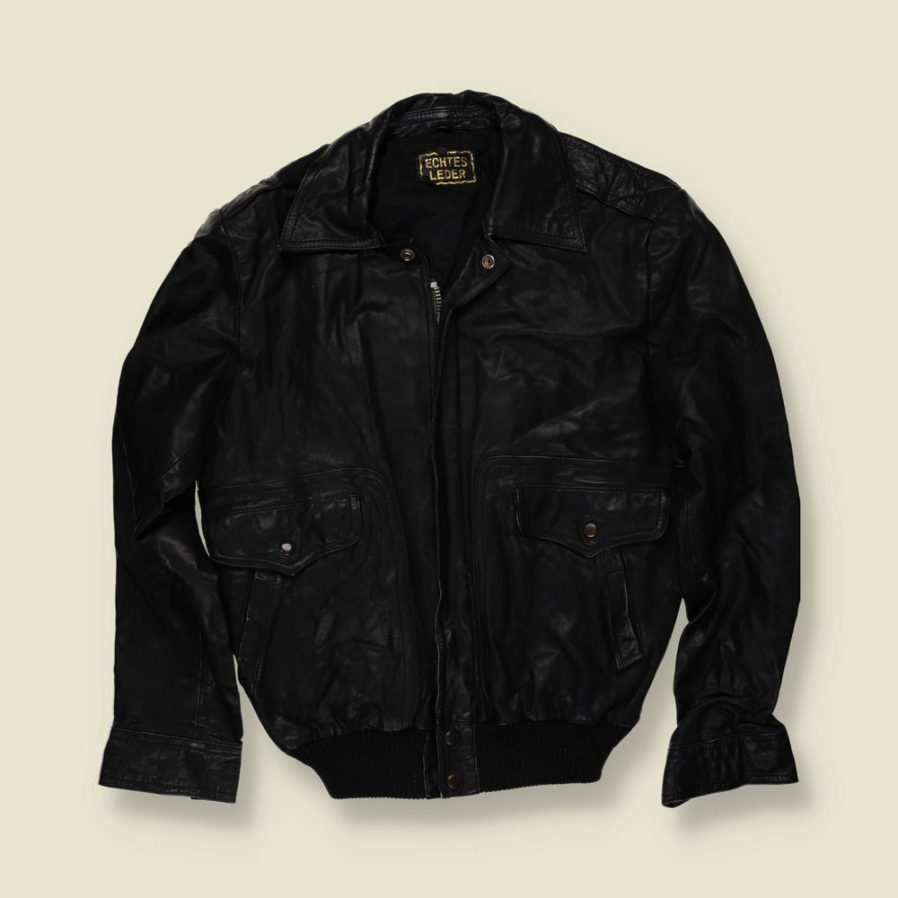 1970s | Black Leather Flight Style Bomber Jacket - M