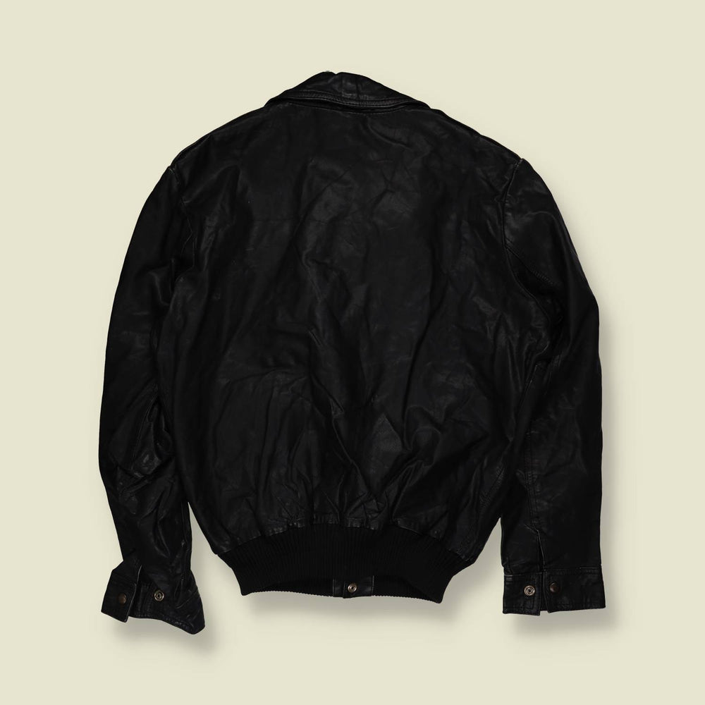 1970s | Black Leather Flight Style Bomber Jacket - M