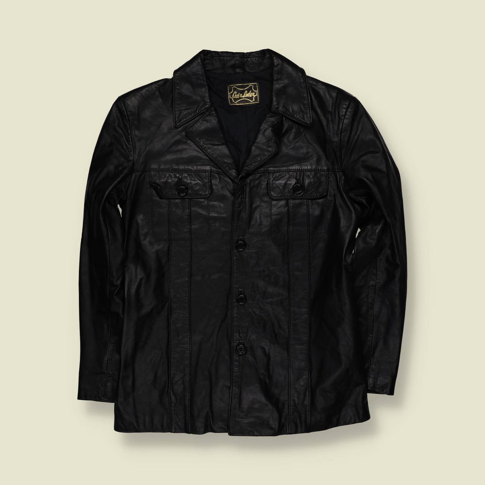 1970s | Black Leather Button Front Jacket - S