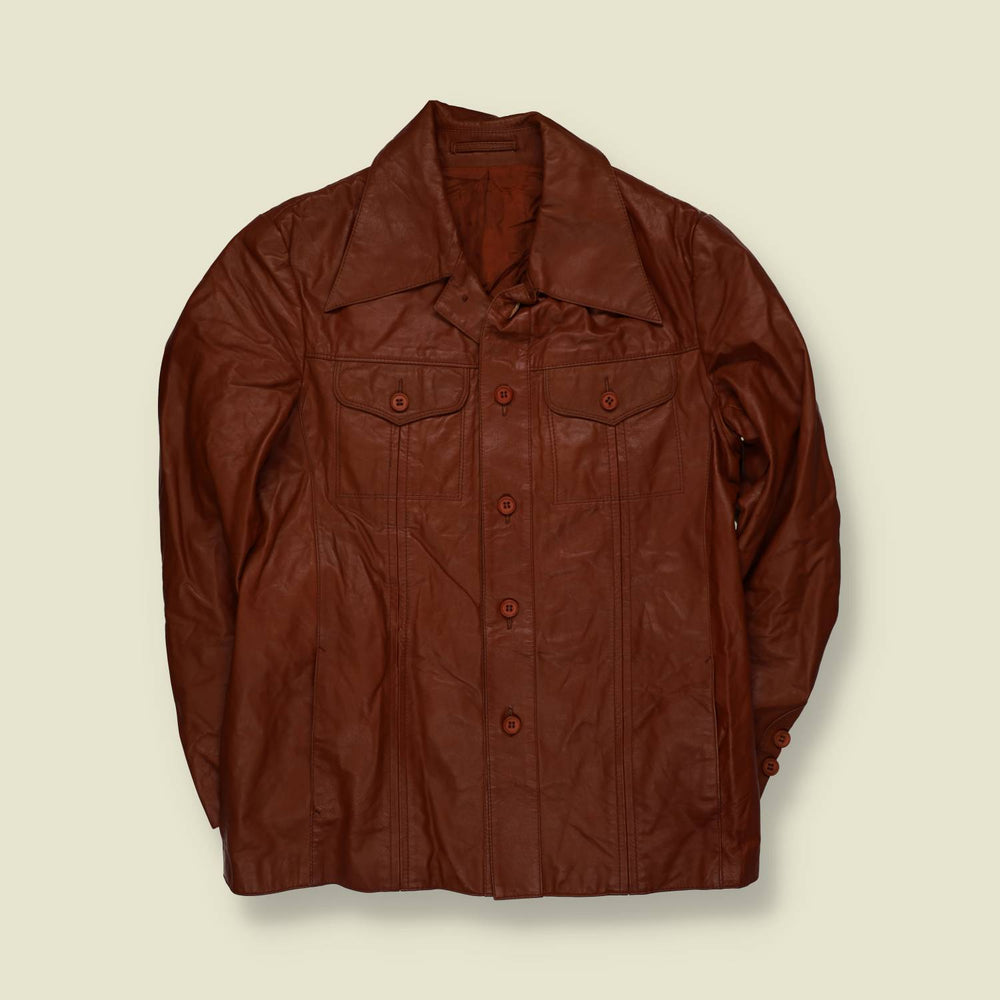 1970s | Rust Brown Leather Button Front Jacket - S
