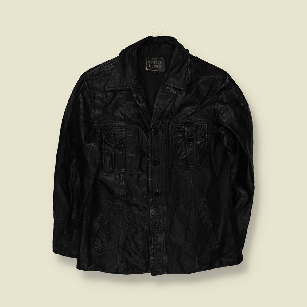 1970s | Black Leather Button Front Jacket - S