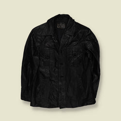 1970s | Black Leather Button Front Jacket - S