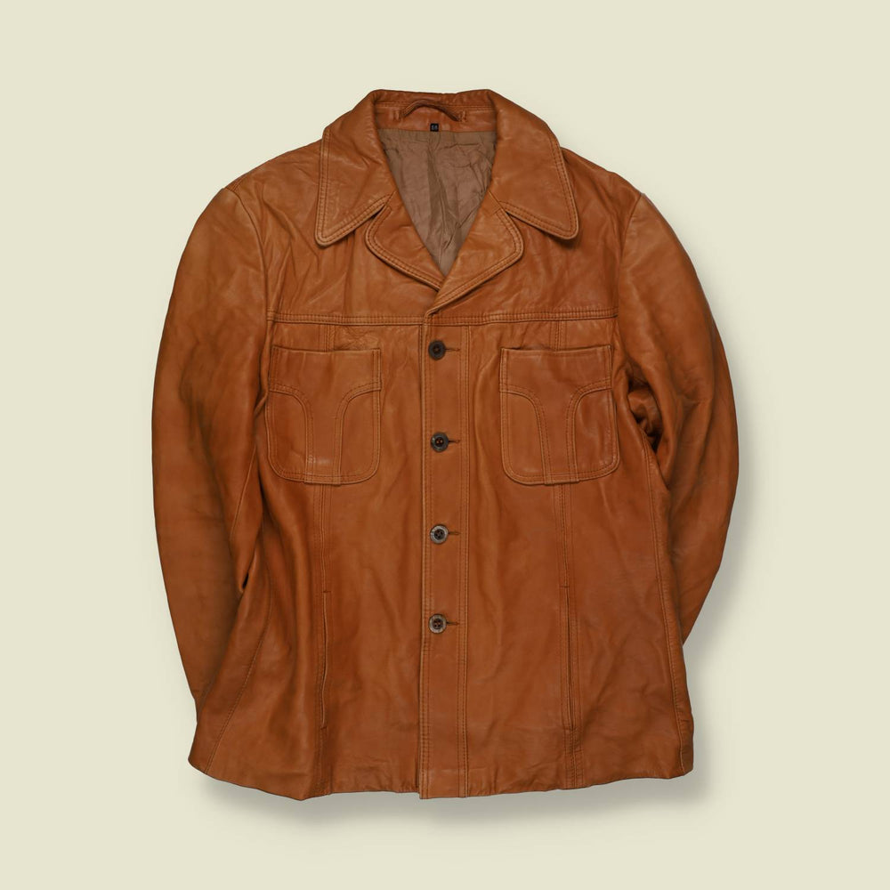 1970s | Tan Leather Button Front Jacket - L