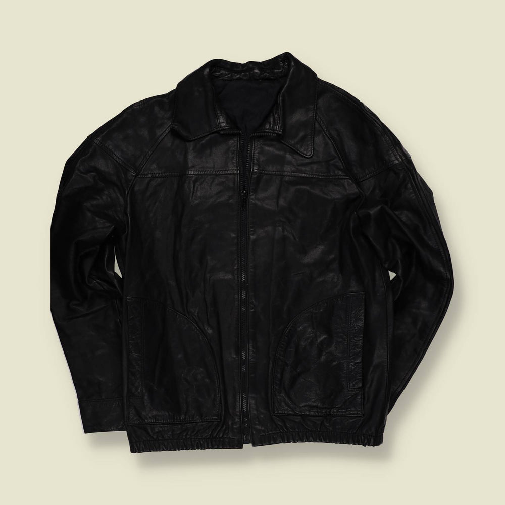 1970s | Black Leather Zip Front Jacket - XS