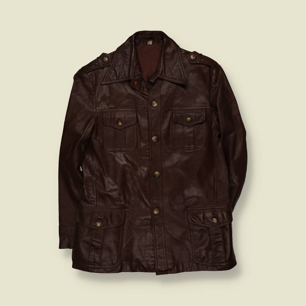 1970s | Dark Brown Leather Button Front Field Jacket - M