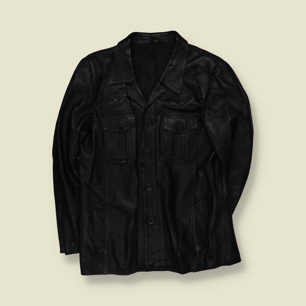 1970s | Black Leather Button Front Jacket - S