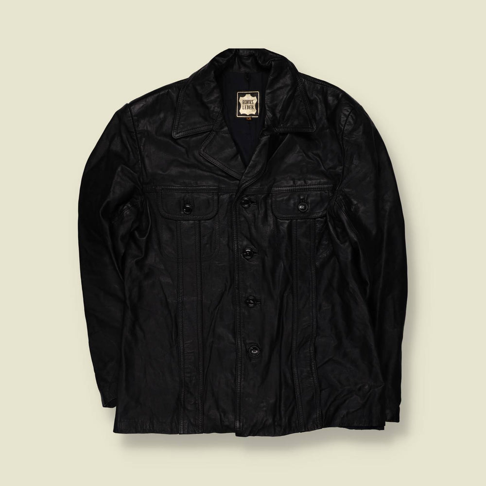 1970s | Black Leather Button Front Jacket - M