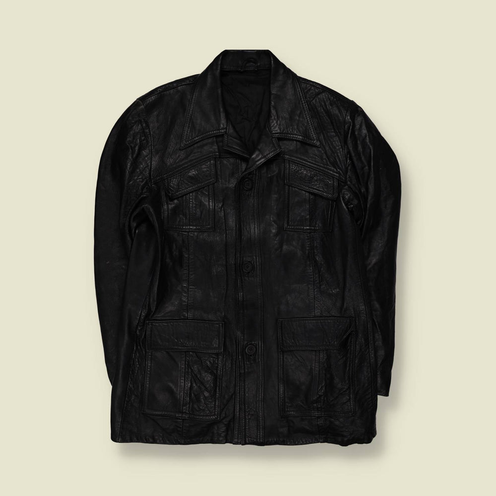 1970s | Black Leather Button Front Field Jacket - S