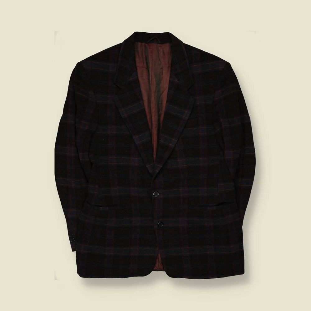 1980s | Navy & Burgundy Plaid Two-Button Blazer - L