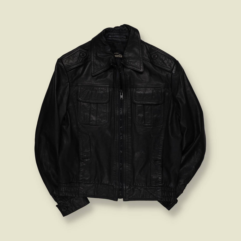 1970s | Melka | Black Leather Zip Front Bomber Jacket - S