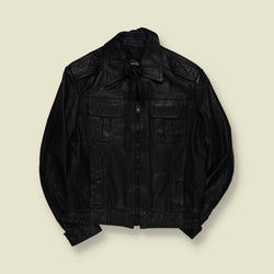 1970s | Melka | Black Leather Zip Front Bomber Jacket - S