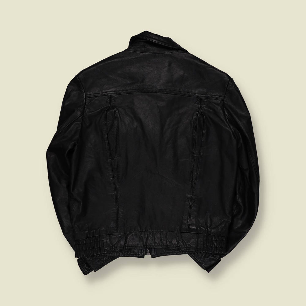 1970s | Melka | Black Leather Zip Front Bomber Jacket - S