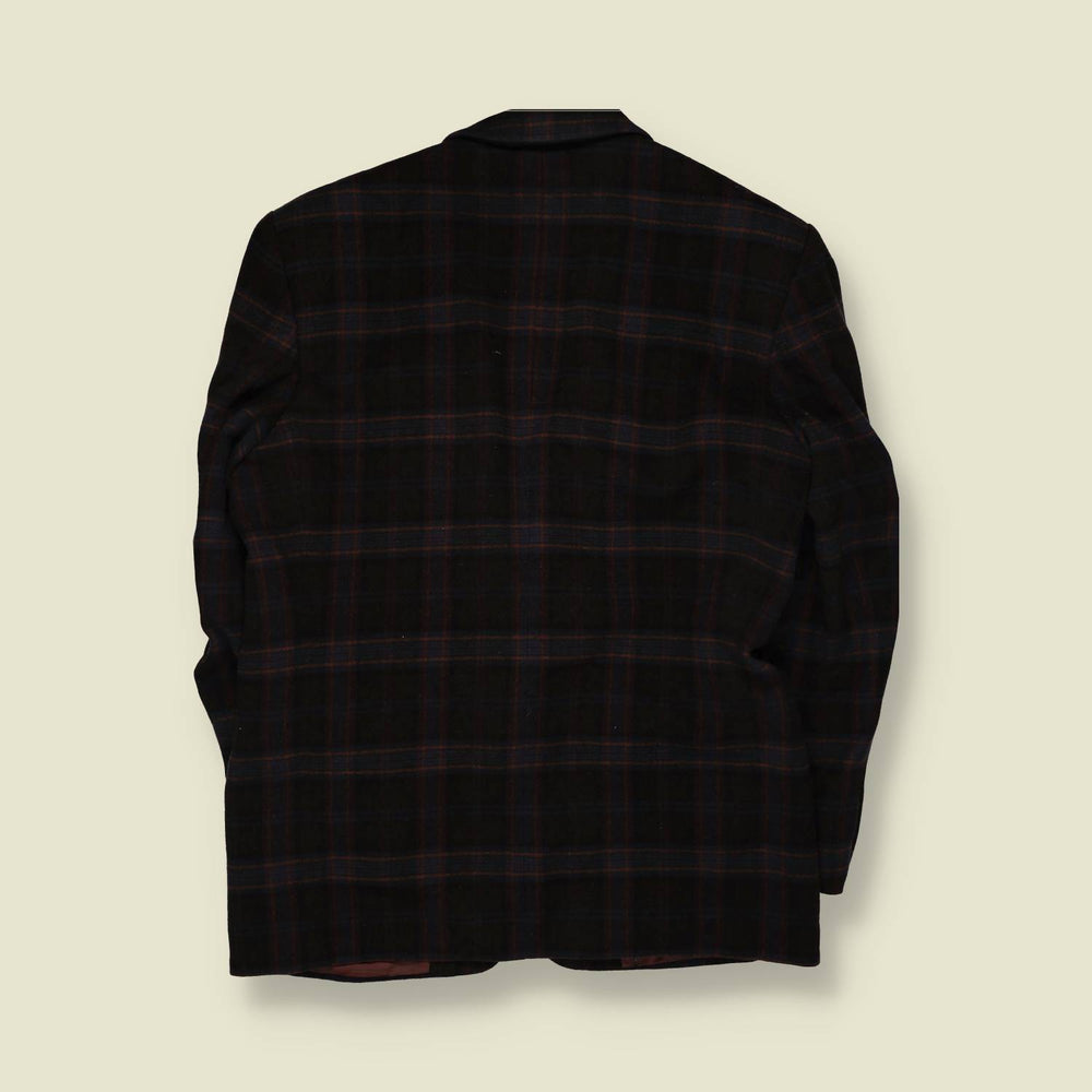 1980s | Navy & Burgundy Plaid Two-Button Blazer - L
