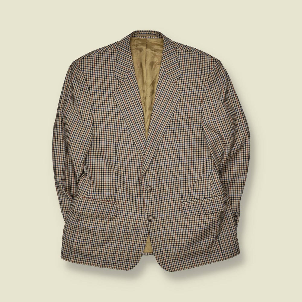 1980s | Tan & Navy Micro-Check Two-Button Blazer - L