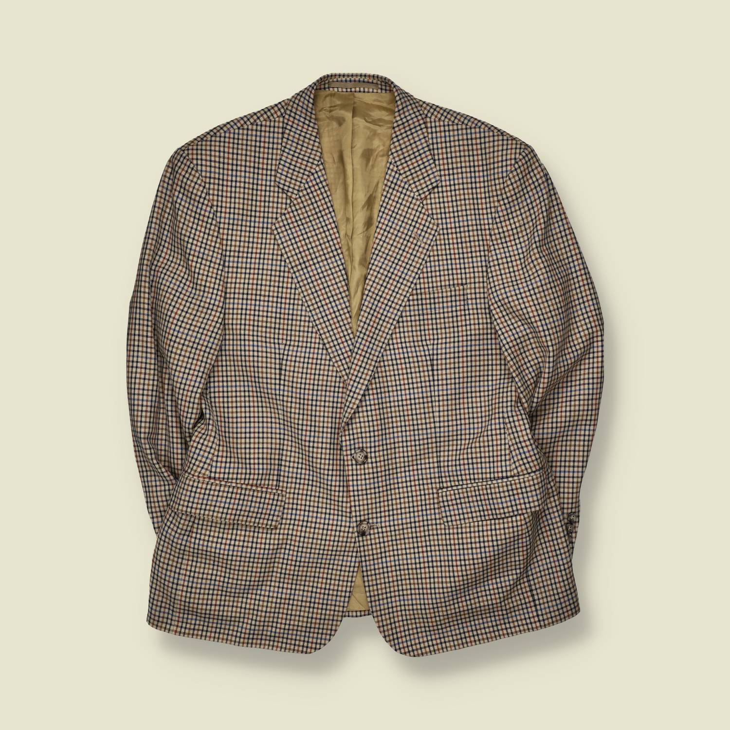 1980s | Tan & Navy Micro-Check Two-Button Blazer - L