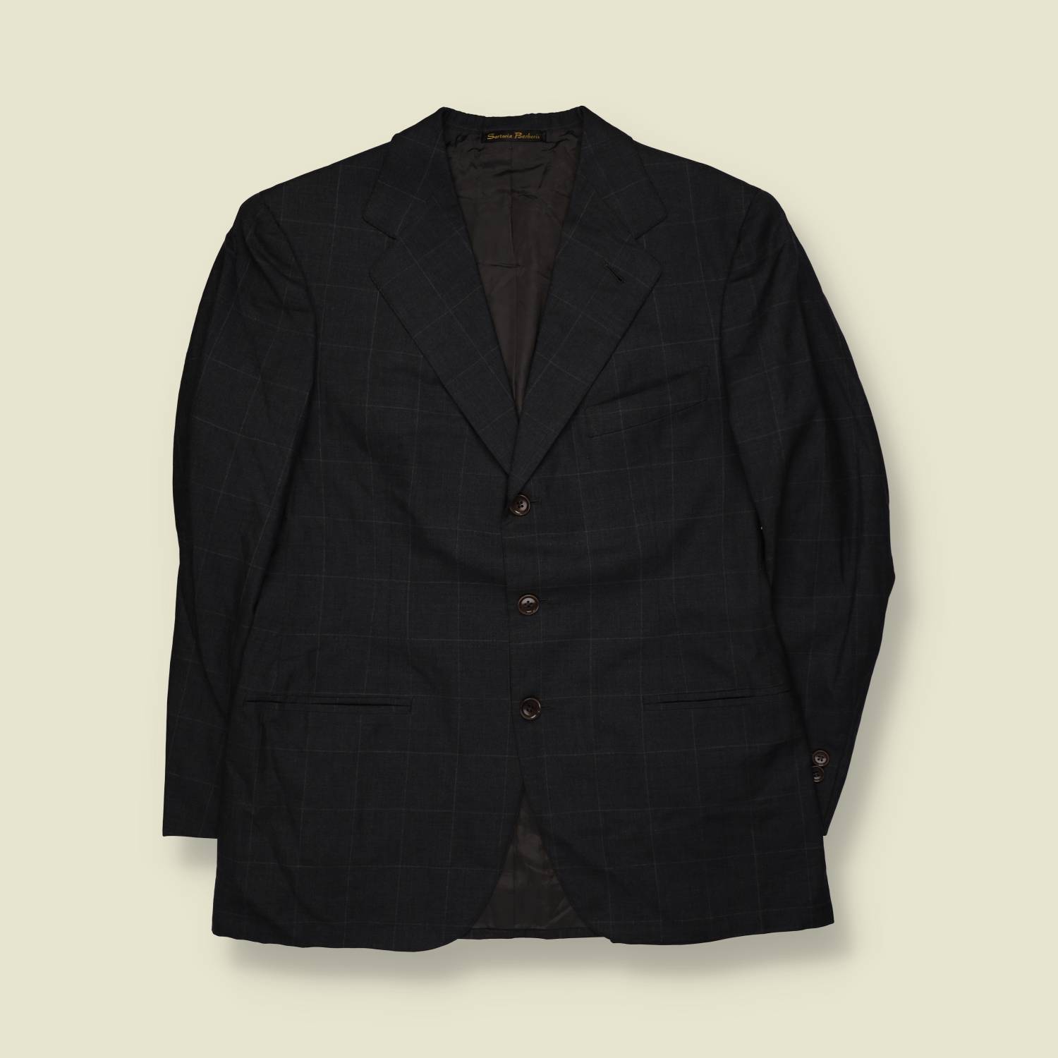 1990s | Sartoria Barberis | Dark Navy Windowpane Check Single Breasted Two-Piece Suit - S