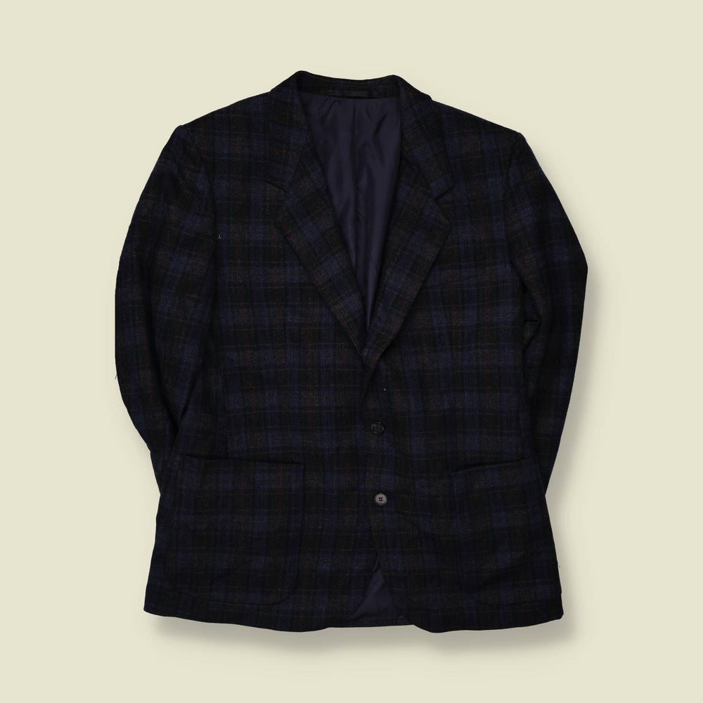 1980s | Navy & Brown Plaid Two-Button Blazer - L