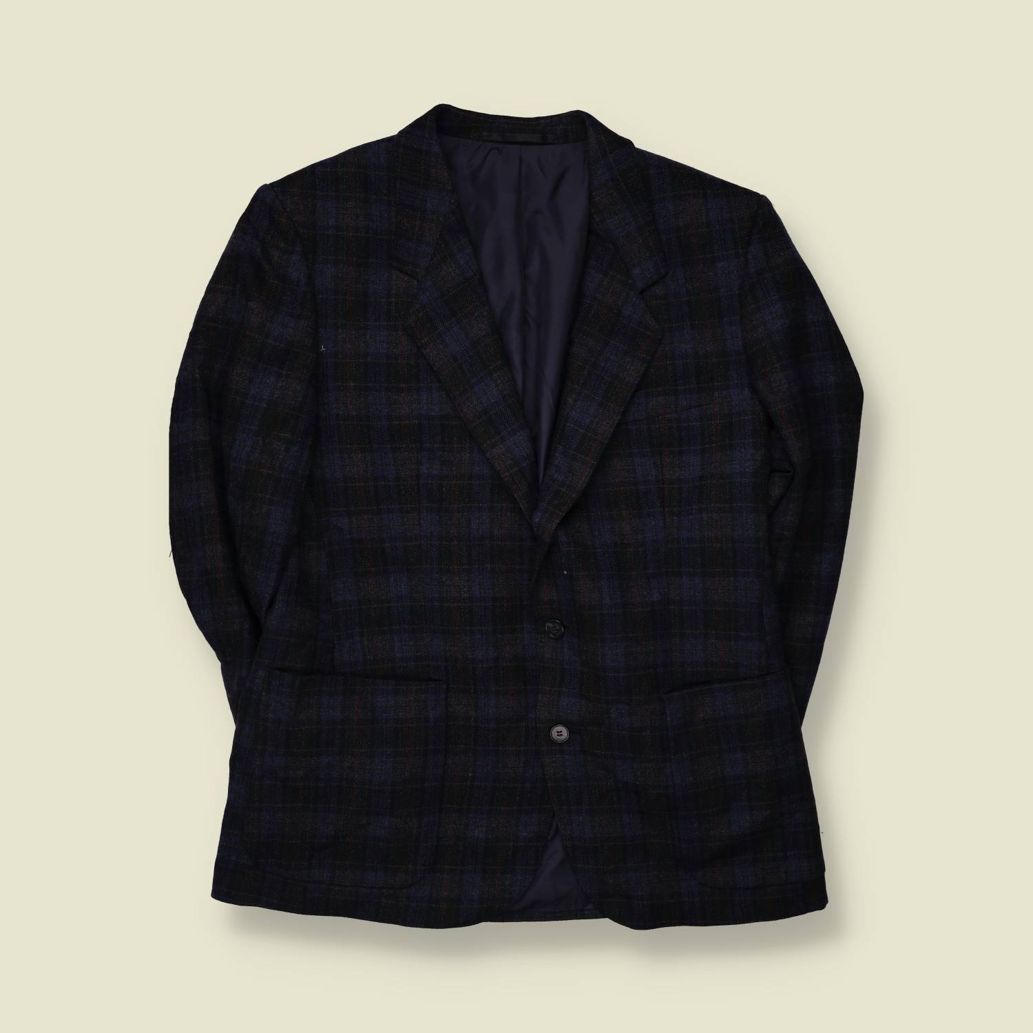 1980s | Navy & Brown Plaid Two-Button Blazer - L