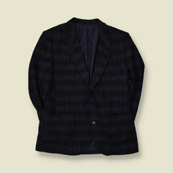 1980s | Navy & Brown Plaid Two-Button Blazer - L