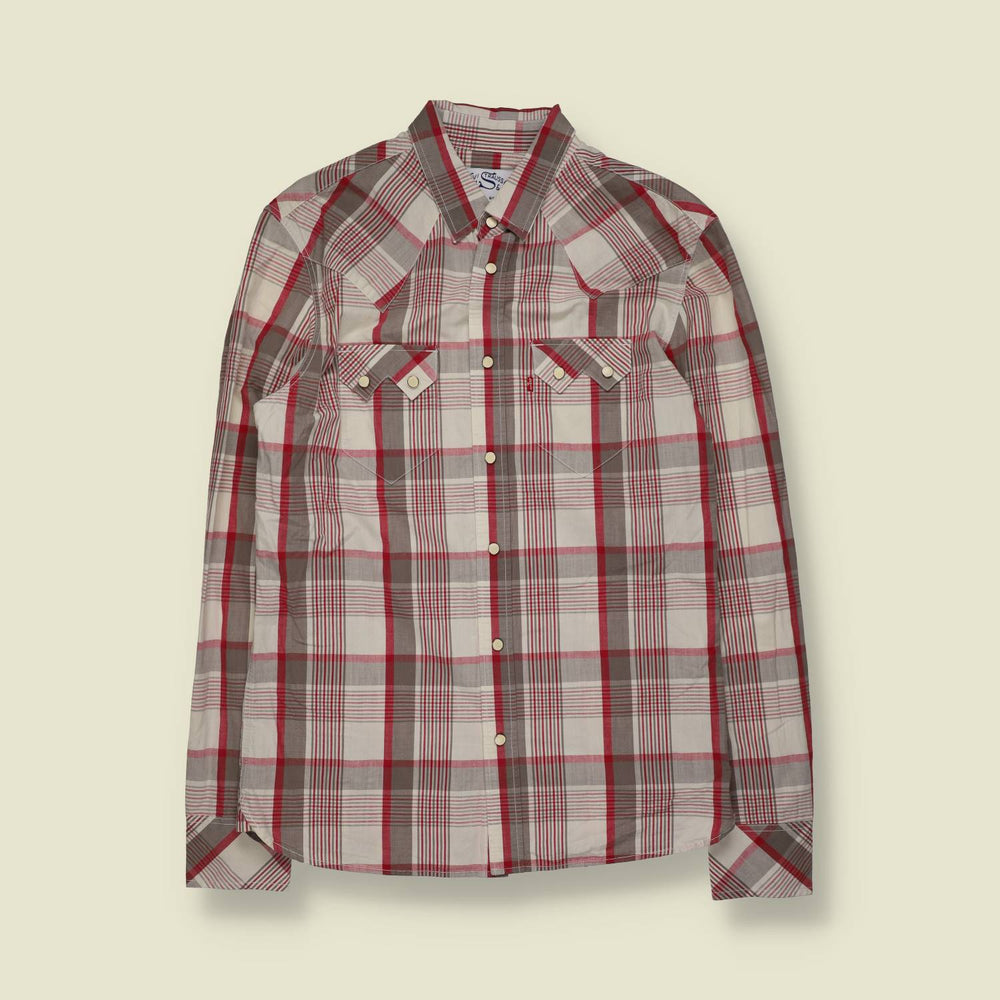2000s | Levi's | Cream & Red Plaid Long-Sleeve Western Shirt - S
