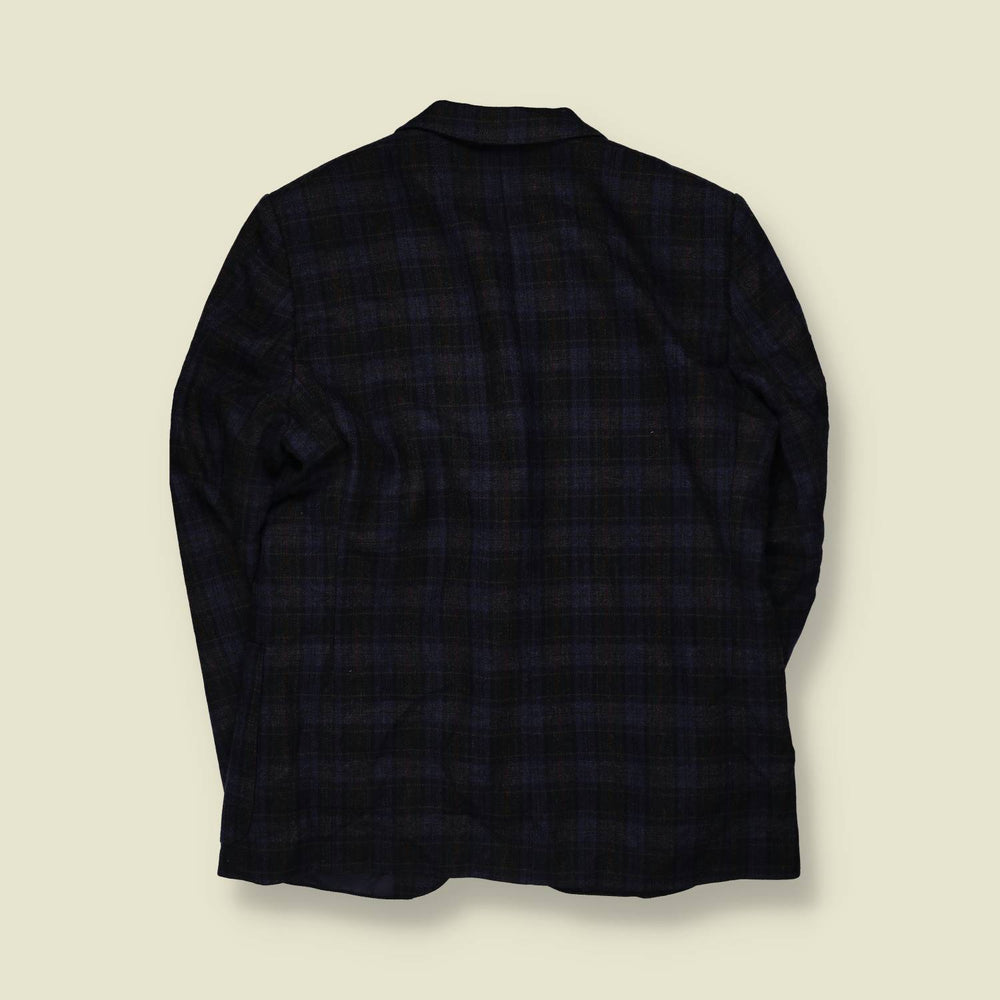 1980s | Navy & Brown Plaid Two-Button Blazer - L